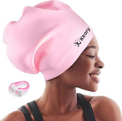 Keary Extra Large Swim Cap for Braids and Dreadlocks Extensions Weaves Long Hair, Waterproof Silicone Cover Ear Bath Pool Shower Swimming Cap for Adult Youth to Keep Hair Dry, Easy to Put On and Off