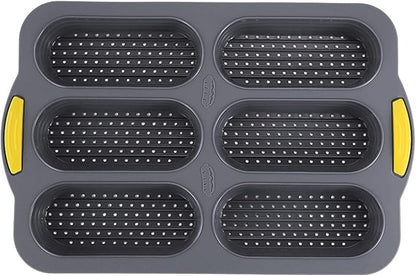 6-cavity Silicone Bread Loaf Pan, Nonstick Sourdough Loaf Pan & Heat Resistant Baguette Bread Pan, Bread Pans for Homemade Bread, Silicone Molds for Baking Hoagie Rolls, Hot Dog Bun