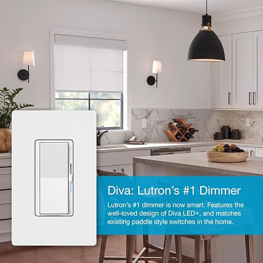 Lutron Diva Smart Dimmer Light Switch for Caseta Lighting (Lutron Smart Hub Required), for LED Lights, 150W, Single-Pole/3-Way, No Neutral, Gray (DVRF-6L-GR)