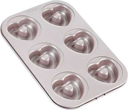 CHEFMADE Donut Mold Cake Pan, 6-Cavity Non-Stick Heart-Shaped Doughnut Bakeware for Oven Baking (Champagne Gold)