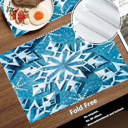 Batmerry Blue Winter Snowflakes Placemats, Seamless Blue Abstract Geometric Washable Linen Table Mats for Kitchen Table Double Insulation Decor Dining Set Indoor Outdoor 12X18 in Set of 4