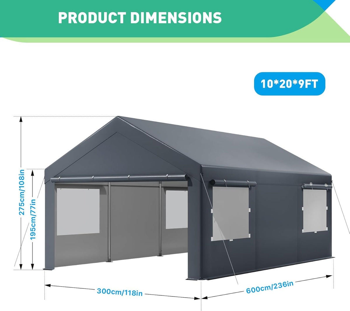 10X20 Ft Heavy Duty Carport Canopy, Portable Garage, Car Tents, Easy to Assemble, Reinforced Structure, with Hanging Edge, Applicable to Car, Bike, Boat, Party (Gray)