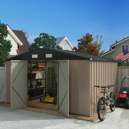 Greesum 10×10FT Outdoor Storage Shed, Metal Patio Storaged Sheds with Lockable Doors, Sheds & Outdoor Storage for Bike, Backyard, Pool and Garden, Brown
