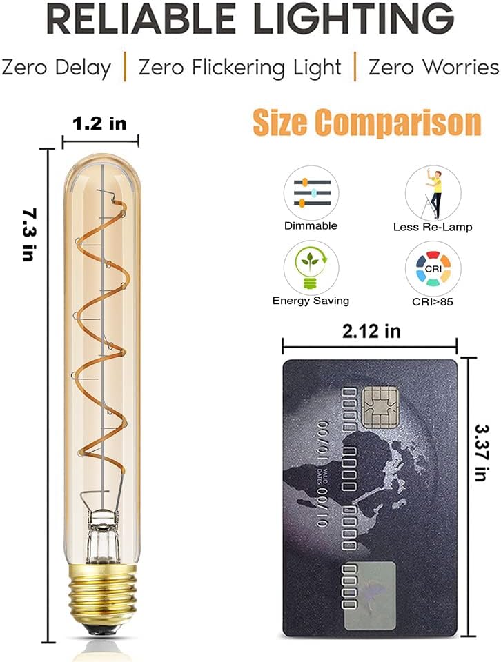 Dimmable T10 LED Bulbs, Warm White 2200K Amber, 7.3inch Long Tubular Light Bulb, 40 Watt Vintage Edison LED Filament Bulb,400lm,E26 Base Led Tube Bulb,Amber Glass,Pack of 4