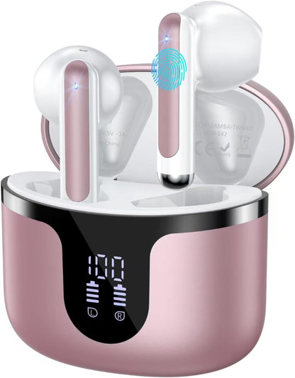Wireless Earbuds, 2025 Bluetooth 5.3 Headphones HiFi Stereo 50H Playback Ear Buds with Led Digital Display, ENC Noise Cancelling Earbuds for Laptop Computer, iOS, Android, Rose Gold