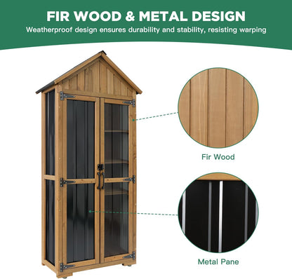 Outdoor Storage Cabinet – Weatherproof Wood & Metal Storage Shed with Adjustable Shelf, Lockable Doors, and Stability Features for Garden, Patio, and Backyard, 27 1/2”x 13”x 67” (Brown+Black)