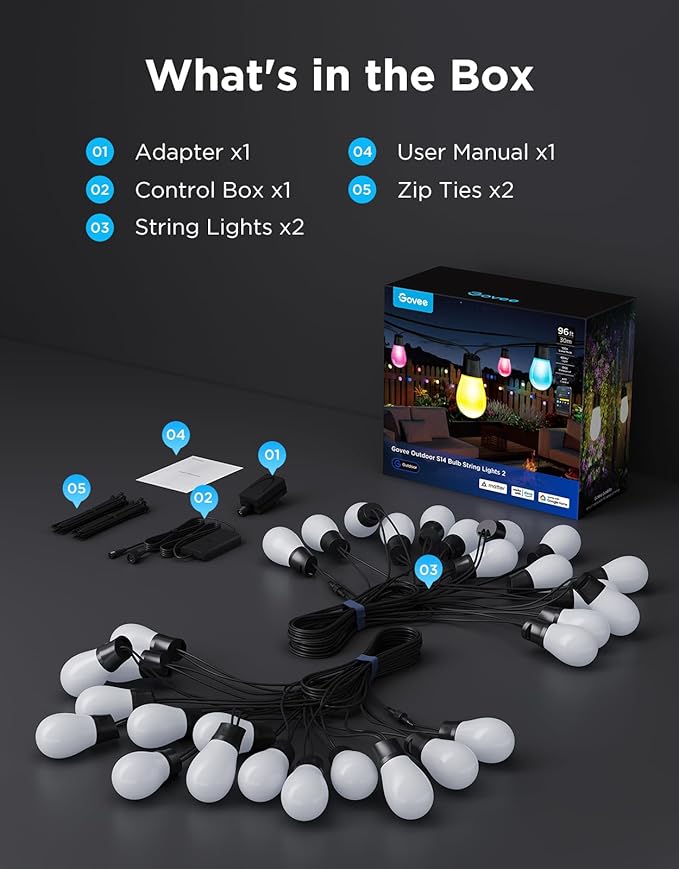 Govee S14 Bulb Outdoor String Lights 2, 96ft Smart RGBIC Warm White Patio Lights with 30 LED Bulbs, 111 Scene Modes for Outdoor Decor, Works with Alexa, Google, Matter, APP Control, IP66 Waterproof
