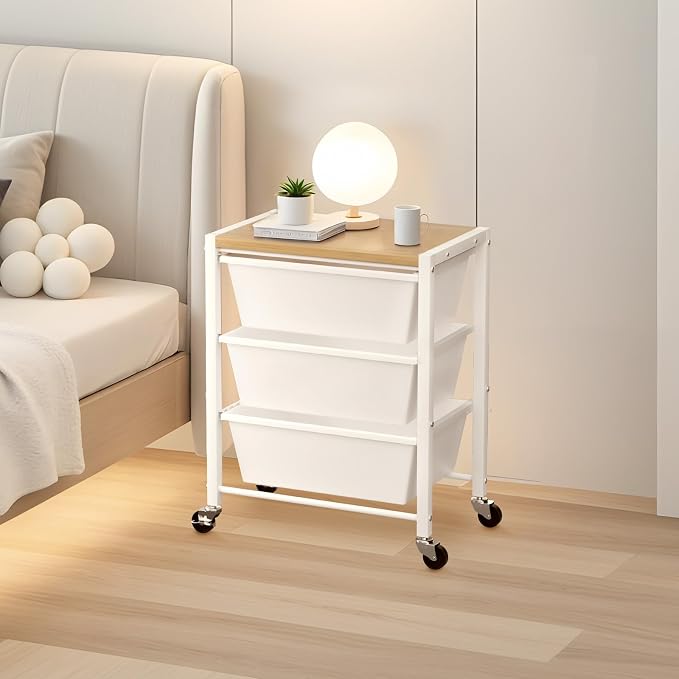 Rolling Cart with 3 Drawers, Plastic Drawer Storage Carts with Lockable Wheels & Wooden Tabletop, Metal Utility Cart Organizer, Office Bedroom Classroom Craft Organization and Storage, Bright White