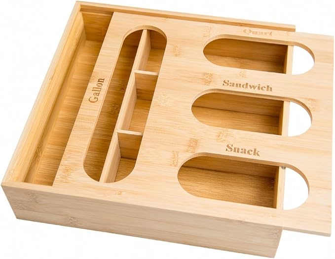Lipper International Bamboo Storage Bag Organizer Holder and Dispenser for Kitchen Drawer or Countertop, 4 Compartment Sizes