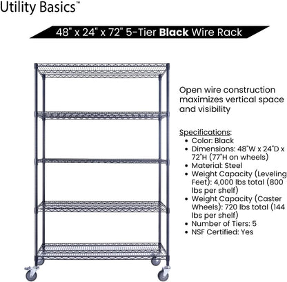 48"x24"x72" Black 5-Tier Premium Wire Shelving NSF 4000 LBS MAX Capacity Heavy Duty Steel Storage Rack for Warehouses, Garages, Hospitals, Commercial Spaces, & Schools w/Premium Wheels