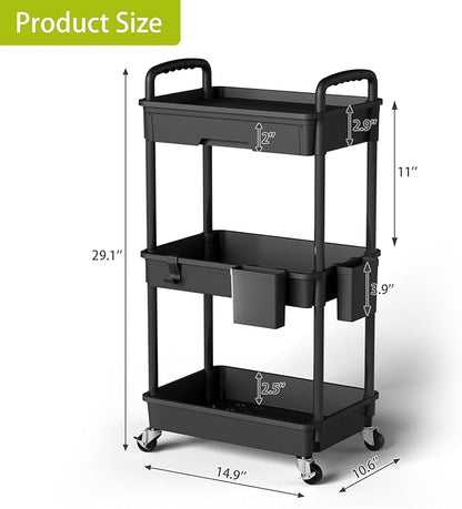 Sorgion 3 Tier Rolling Cart Organizer,Laundry Room Bathroom Organizers and Storage Office Shelves Mobile Shelving Unit Kitchen Trolley Cart with Wheels for Art,Craft,Diaper,Bedside,Snack(Black)