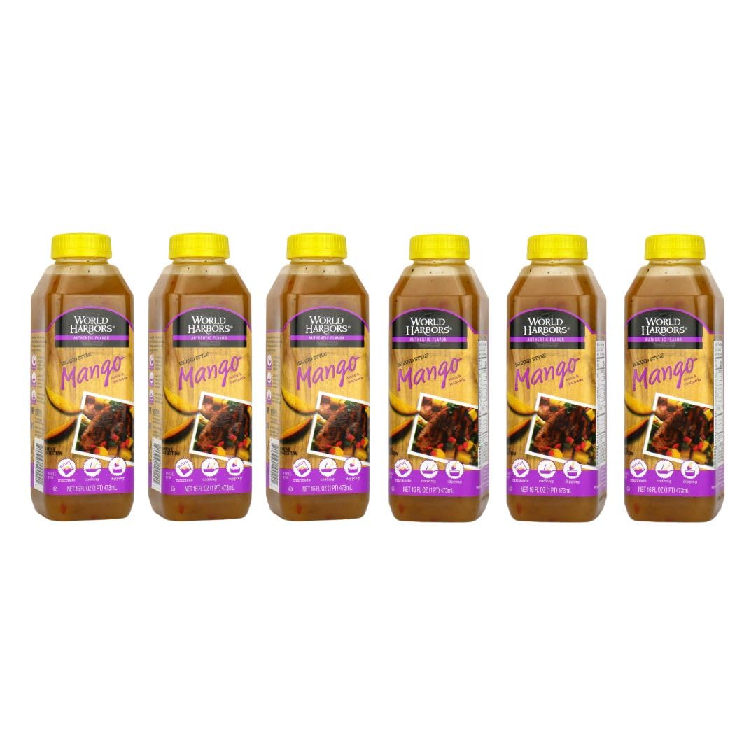 World Harbors Island Mango Sauce & Marinade - Low-Calorie, Sweet & Tangy Perfect Sauce for Chicken, Fish, Beef, Wings, Dipping, Stir-Frying, Salad Dressing. Made in USA 16-Fl Oz Bottle (Pack of 6)