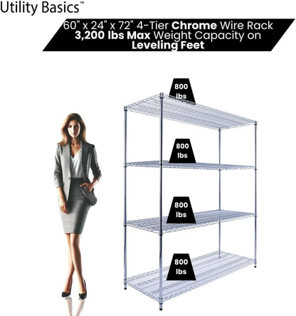 60"x24"x72" PREMIUM METAL STEEL 4-Tier Wire Shelving NSF 3200 LBS MAX Capacity Heavy Duty Storage Rack for Hospitals, Schools, Commercial Spaces, and Garages w/PREMIUM Wheels