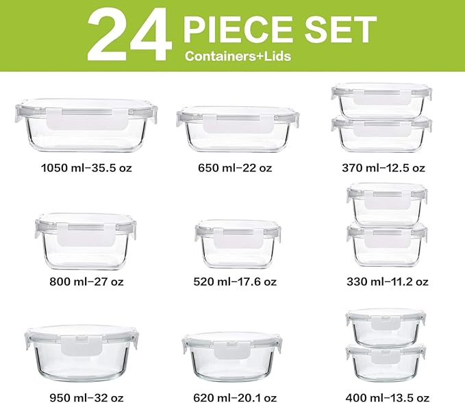 24-Piece Glass Food Storage Containers with Upgraded Snap Locking Lids,Glass Meal Prep Containers Set - Airtight Lunch Containers, Microwave, Oven, Freezer and Dishwasher,White