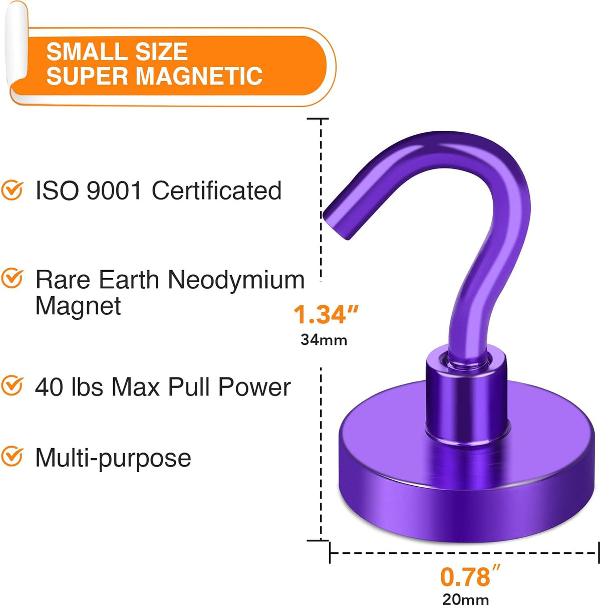 MIKEDE Magnetic Hooks, 40Lbs+ Heavy Duty Magnet Hooks for Cruise Cabins, Super Neodymium Hanging Hooks Strong Magnets with Hook for Fridge, Magnetic Hanger for Grill, Toolbox, Storage(Purple, 4 Pack)