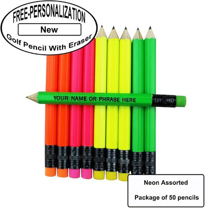EZPENCILS & GIFTS - Golf Pencils Tipped with Eraser (1/2 a Pencil - Pew Pencils) - Neon Assorted Colored Barrel - FREE-PERSONALIZATION - 2HB Black Lead - Custom Text - Non-Smear Eraser – Package of 50