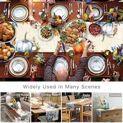 Fall Pumpkin Table Runner Dresser Scarf 18 x 72 Inch Blue Orange Maple Leaf Rustic Table Runners Non-Slip Heat Resistant Kitchen Dining Table Decor for Autumn Thanksgiving Holidays Indoor Outdoor