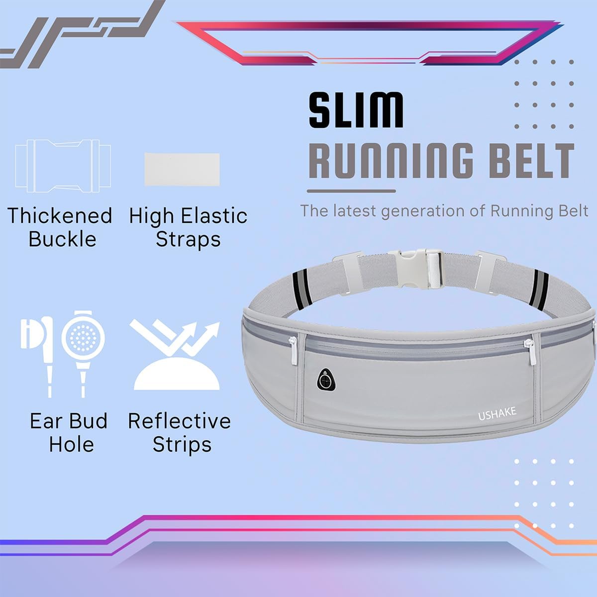 USHAKE Slim Running Belt, Workout Fanny Pack for Men Women,Exercise Waist Pack for Apple iPhone Holder, Runner Belt for Running Walking Cycling Camping Gym Light Grey
