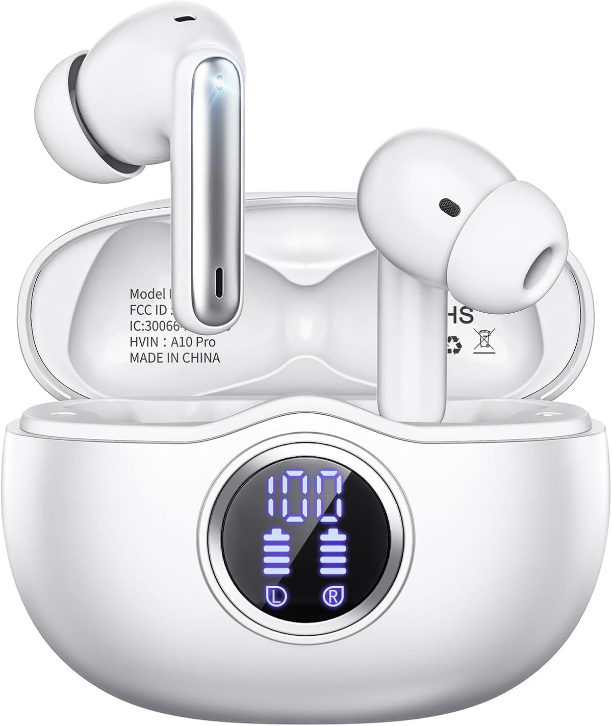 A10 Pro Wireless Earbuds, Bluetooth 5.3 Headphones HiFi Stereo 50H Playback LED Digital Display Ear Buds with ENC Noise Canceling Headset, IPX7 Waterproof Earphones for Gym/Running/Work