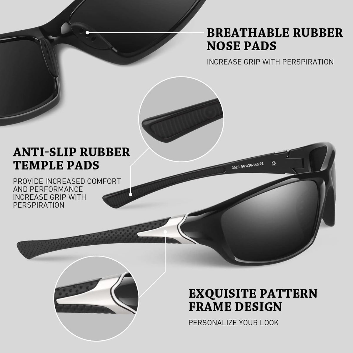 Polarized Sports Sunglasses for Men Women,Fishing Driving Rectangular Goggles UV400 Protection