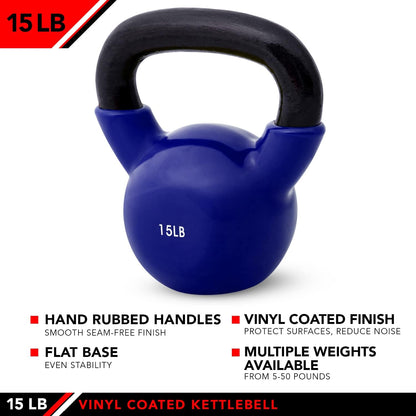 JFIT Kettlebell Weights Vinyl Coated Iron - 12 Size Options, 5lbs-50lbs - Coated for Floor and Equipment Protection, Noise Reduction, Ballistic, Core, Weight Training