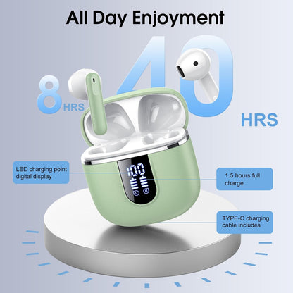 Wireless Earbuds, Bluetooth 5.4 Headphones with 3D Bass Stereo, 40H Ultralight in-Ear Buds, Bluetooth Earbuds with 4 ENC Noise Cancelling Mic, USB-C, IP7 Waterproof Earphones for Android iOS, Green
