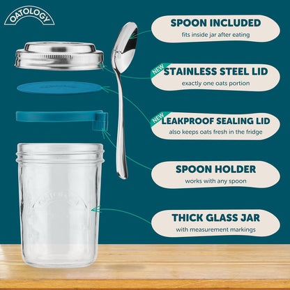 Overnight Oats Jars with Lids and Spoon - Glass Chia Pudding Containers - 16 oz Leakproof Mason Jar for Oatmeal - Wide Mouth To Go Meal Prep Cup with Measurement Markings - 1 Pack
