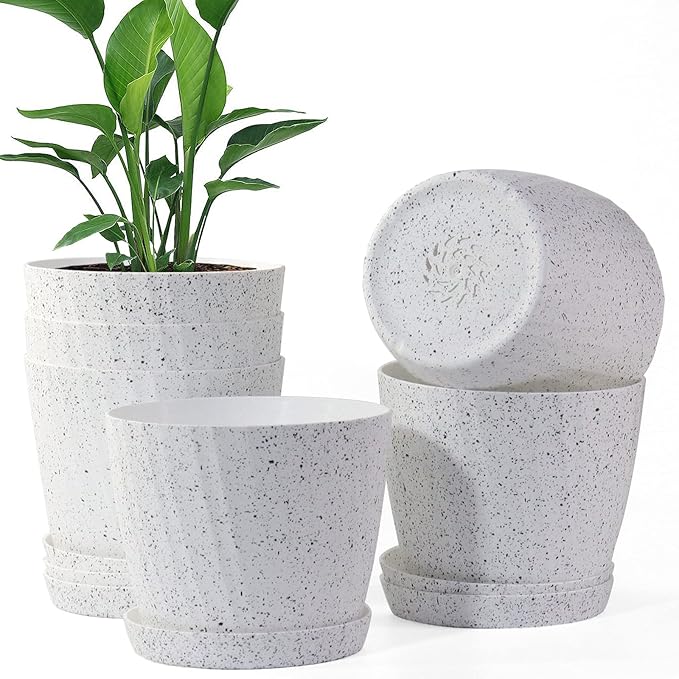 6 Inch Plant Pots Bulk, 6 Pack Plastic Planters with Drainage Holes and Saucers for Indoor Outdoor House Plants and Flowers,White Spots