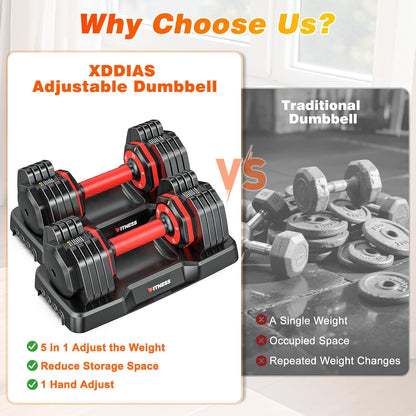 XDDIAS Adjustable Dumbbell Set of 2-25LB/55LB Set-1Sec Adjustable Dumbbell Weights-5 in 1 Free Weights Dumbbells Set with Effortless Tray/No-Slip Handle-Compact Size for Women/Men at Home Gym