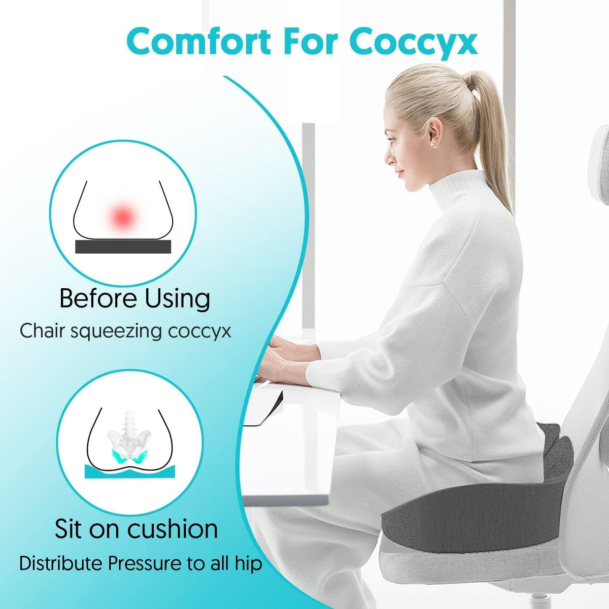 Seat Cushion for Office Chairs - Tailbone & Sciatica & Hip & Coccyx & Low Back Pain Relief Pillow - Memory Foam Pressure Relief Cushion for Long Sitting for Gaming, Compute, Desk Chair, Car Seat