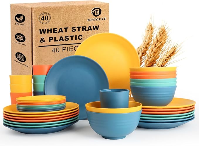 Wheat Straw Dinnerware Sets 40 PCS| Plates and Bowls Sets for 8, Unbreakable Dinner Plate, Dessert Plates, Cereal Bowl, Drinking Cups, Microwave Safe Dishes Set for Kitchen, Outdoor - Multi
