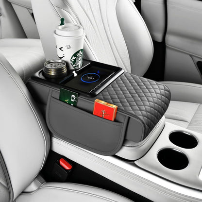 Upgrade Arm Rest Cover for Car, 5-in-1 Middle Console Cover Cushion Pad with Cup Holders & Side Pockets, Center Armrest Storage Box, Gray