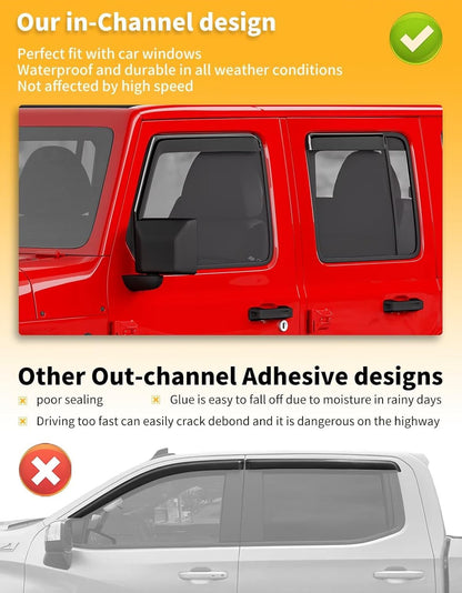 in-Channel Window Rain Guards Fit for Truck Jeep Wrangler JL 2018-2025 and Gladiator 2020-2025 Extra Durable Window Visors Window Deflectors Vent Visors Vent Shades Car Accessories-4 pcs