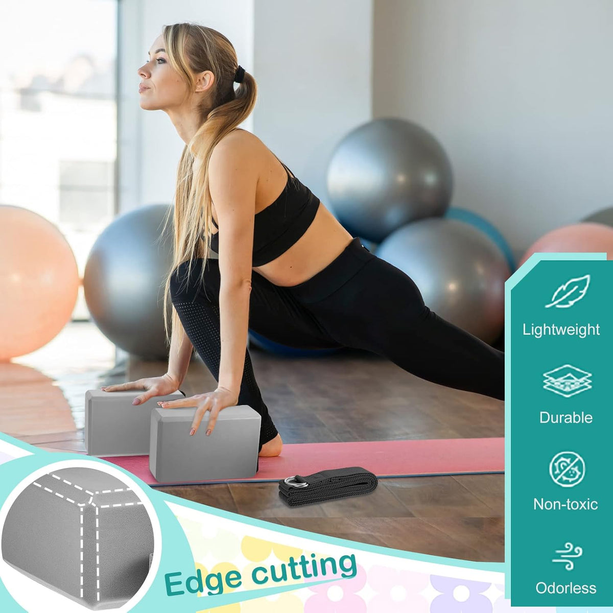 Meooeck 18 Pcs Yoga Block and Strap Set 9 x 6 x 3 Inch EVA Foam Non Slip Brick 8 ft Yoga Straps for Stretching D Ring Design for Back to School Pilates Fitness Workout Exercise