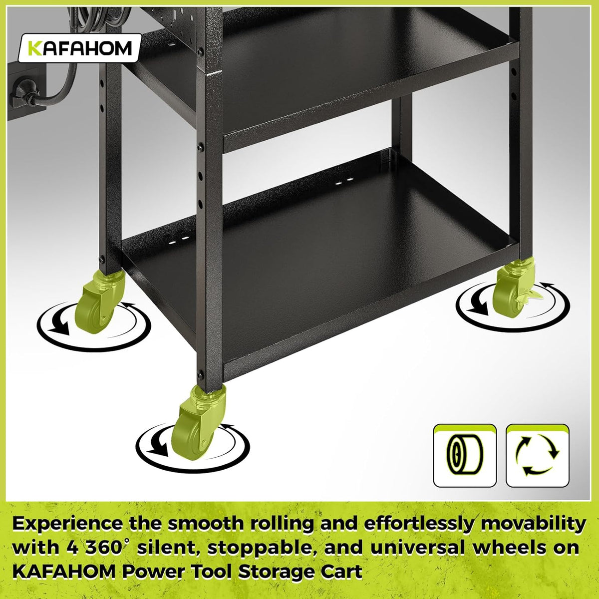 KAFAHOM Power Tool Cart with Charging Station, Rolling Cart with Drawer, Heavy Duty Power Tool Organizer with 360 Silent Wheels, Storage for Garage, Warehouse & Repair Shop