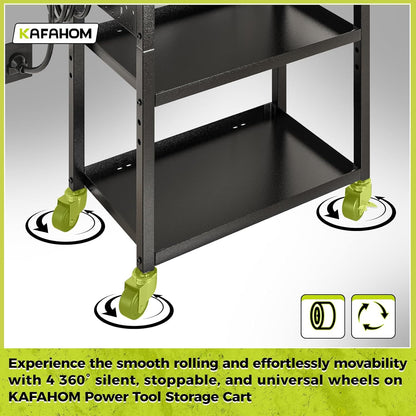 KAFAHOM Power Tool Cart with Charging Station, Rolling Cart with Drawer, Heavy Duty Power Tool Organizer with 360 Silent Wheels, Storage for Garage, Warehouse & Repair Shop