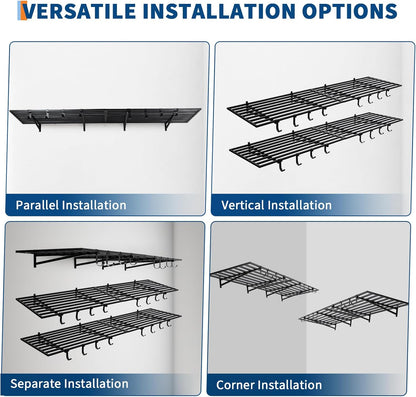 2 Pack Heavy Duty Garage Wall Shelves, 2x4ft Wall Mount Storage Shelf with Hooks, Shelf Warehouse Organization System, Rack Shelving, Holds 200 Lbs Each for Shop, Garage Storage