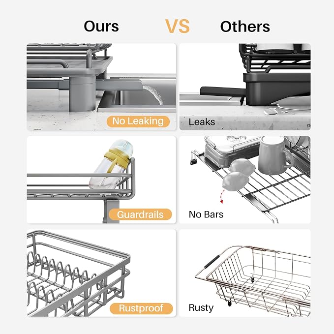 SNTD Dish Drying Rack - Extendable Dish Rack, Large Sink Drying Dish Drainer for Kitchen Counter, Stainless Steel Dish Strainer with Utensil Holder (Grey)
