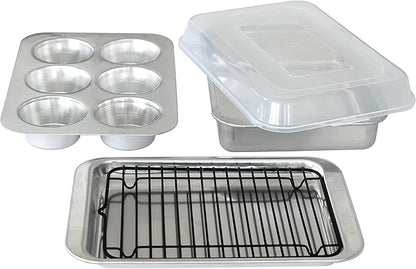 Nordic Ware Naturals 5 Piece Compact Pan Set, Toaster Oven, Counter Ovens, Air Fryer and Broiler Safe, Size for 1-2 Portions - Includes Rectangular Pan, Muffin Pan, Baking Sheet, Broiling Rack and Lid