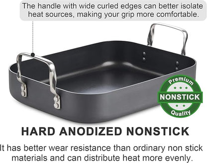 Cooks Standard Turkey Roasting Pan with Rack, Hard Anodized Nonstick 16-Inch x 12-Inch Chicken Ham Roaster Pan Multi-Use Grill Pan with Handles, Black