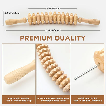 Wooden Cellulite Massage Roller for Legs and Thighs - Handheld Fascia Blaster Tool for Muscle Relief, Lymphatic Drainage & Body Sculpting - Anti Cellulite Massager for Women and Men (12 Wheel)