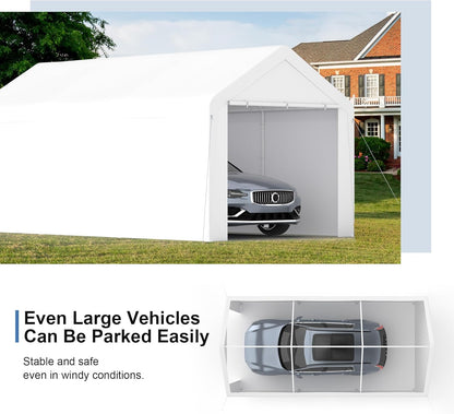 Carport, 10‘ x 20’ Heavy Duty Portable Garage All-Season Car Canopy w/Removable Sidewall & Doors, Carport Canopy Party Tent w/Water-Resistant Tarp for Backyard (White, 10‘ x 20’)
