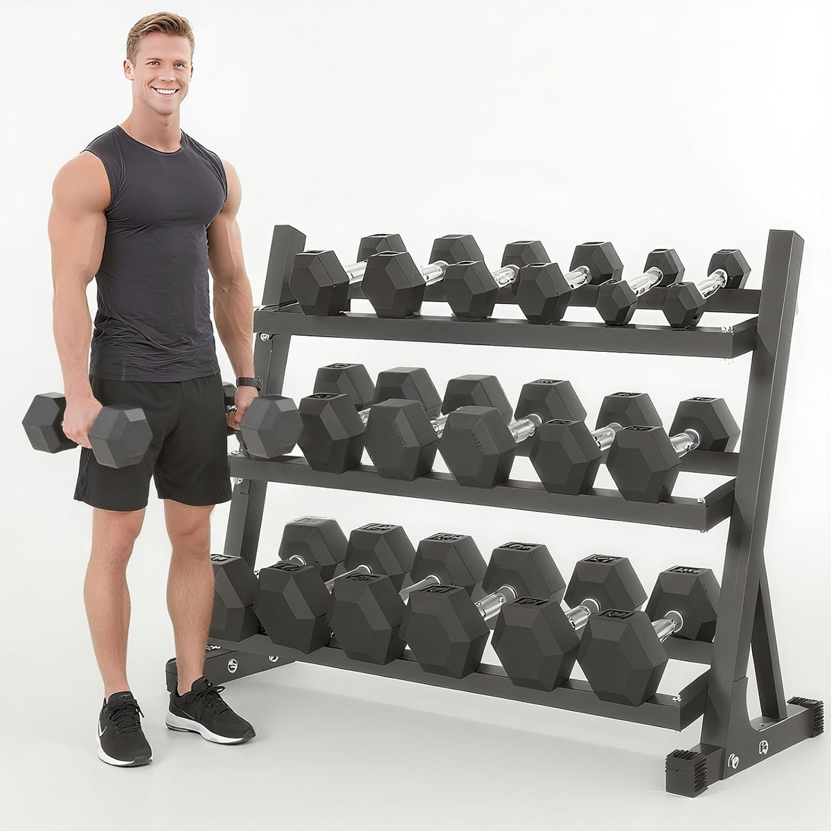Yufer 6-10 Pair Iron and Rubber Coated Dumbbell Set 350/450 and 550 lbs 5-50 lbs Hand Free Weight for Strength Hex Rubber Weights with Vertical Storage Rack Fitness Home Gym Equipment