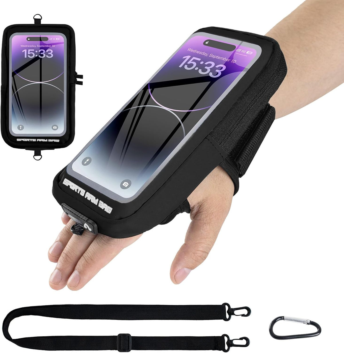 Phone Holder for Running, Running Armband Phone Holder with Carabiner, Phone Armbands for iPhone 16 15 14 13 12 11Pro Max & Galaxy S25/S24/S23, Cell Phone Armband Up to 6.8'' Phone (Black)