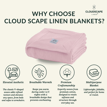 Cloud Scape Linen 100% Cotton Blanket King Size for Bed – Lightweight Summer Blanket, Herringbone Weave,fits California King Size Bed, 92x108,Seashell Pink