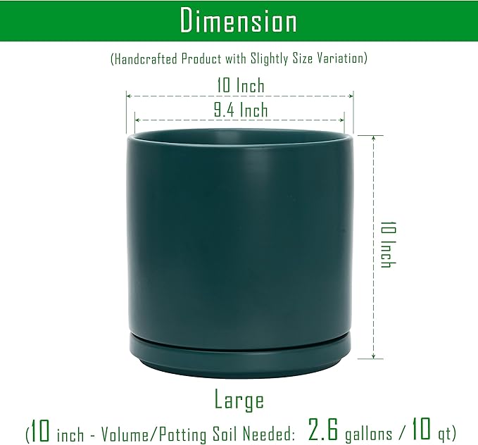 D'vine Dev Set of 2 Plants Pots, 10 Inch Ceramic Planter Pot for Plants with Drainage Hole and Saucer, Teal, 94-V-E-9