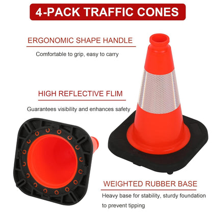 OrangeStar 12" Traffic Cones 4-Pack, Orange Safety Cones with Reflective Collar & Heavy Duty Base for Driving Practice, Parking Lots, Roadwork, Construction | Indoor & Outdoor Use