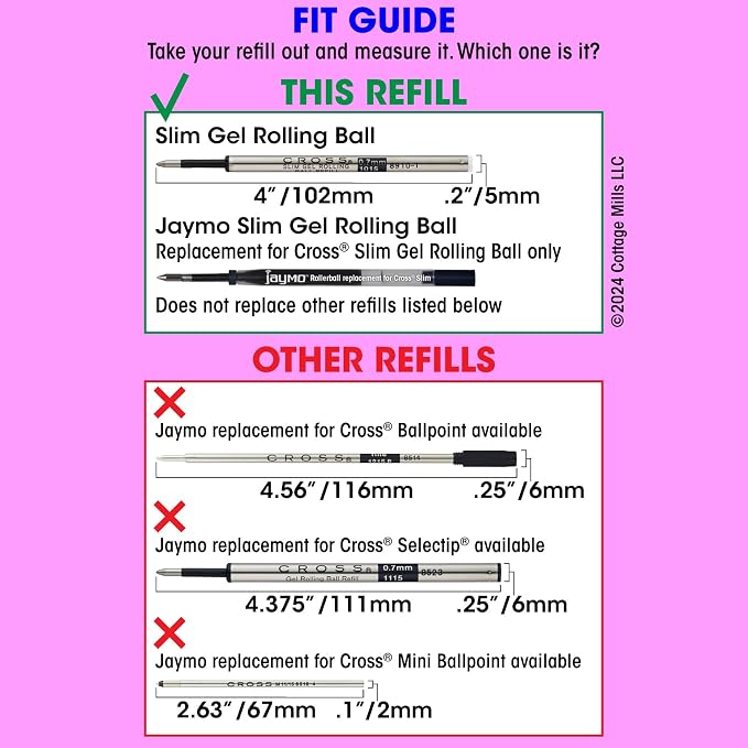 Replacement for Cross Slim 8910 - Gel Rolling Ball Pen Refill - 6 Red