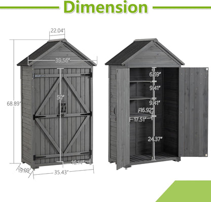 39.56"x 22.04"x 68.89" Outdoor Storage Cabinet with Removable Shelves, Waterproof Roof, and Adjustable Feet - Fir Wood Garden Tool Shed for Yard, Patio, Deck, and Garage,Grey