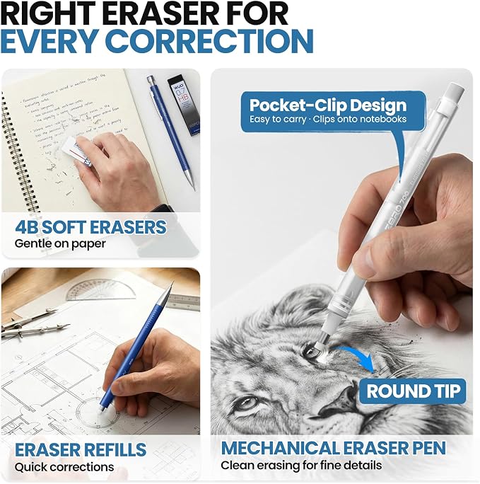 WUO 0.7 mm Mechanical Pencils with Eraser Pen Storage Case, 4 PCS
